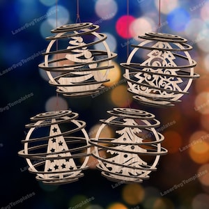 Ornements de boule de sapin de Noël en spirale découpé au laser fichier svg Glowforge boule de Noël ornements d'arbre svg décorations de Noël dxf
