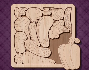 Wooden puzzle vegetables laser cut svg file Glowforge kids montessori vegetables puzzle dxf cut plan cnc vector laser Digital download