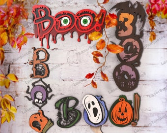 4 BOO Halloween Sign SVG Bundle Laser Cut Multilayer Wall Art Ghost Pumpkin Decor