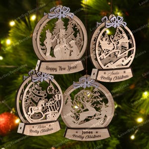 Lot d'ornements boule de Noël boule à neige 3D découpé au laser fichier svg boule de Noël Glowforge ornements d'arbre svg ornements de Noël dxf cnc
