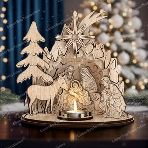Nativity scene candle holder svg laser cut file Glowforge Nativity miniatures svg Nativity scene table lamp dxf template Christmas laser cut