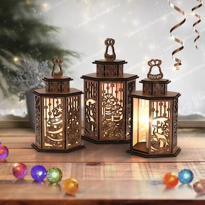 Ornamenti natalizi portacandele file svg tagliato al laser Glowforge Lanterna di Natale svg Lampada da tavolo di Natale modello laser dxf