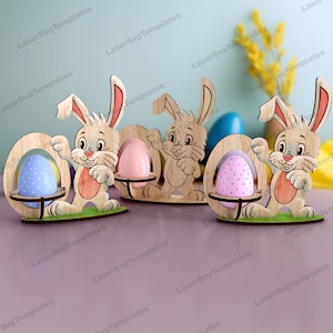 Soporte para huevos de conejo de Pascua cortado con láser archivo svg Soporte para huevos de conejo Glowforge svg Soporte para huevos de Pascua plantilla vectorial cnc dxf Conejito cortado con láser