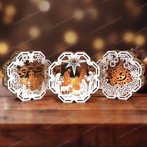 レーザーカット クリスマス キリスト降誕キャンドルホルダー 3 バンドル svg ファイル Glowforge クリスマス テーブル ランプ svg cricut クリスマス ランタン dxf ベクトル パターン