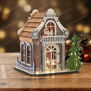 Lampada da tavolo natalizia con scena di casa file svg tagliato al laser Glowforge miniature natalizie svg decorazione lampada da tavolo natalizia dxf modello vettoriale cnc