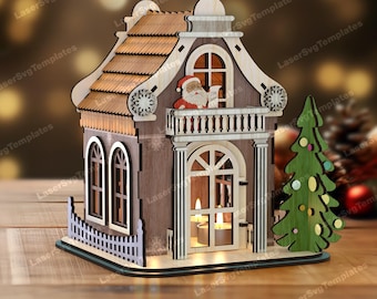 3D Christmas House Lantern SVG Laser Cut Lighted Village Candle Holder Decor