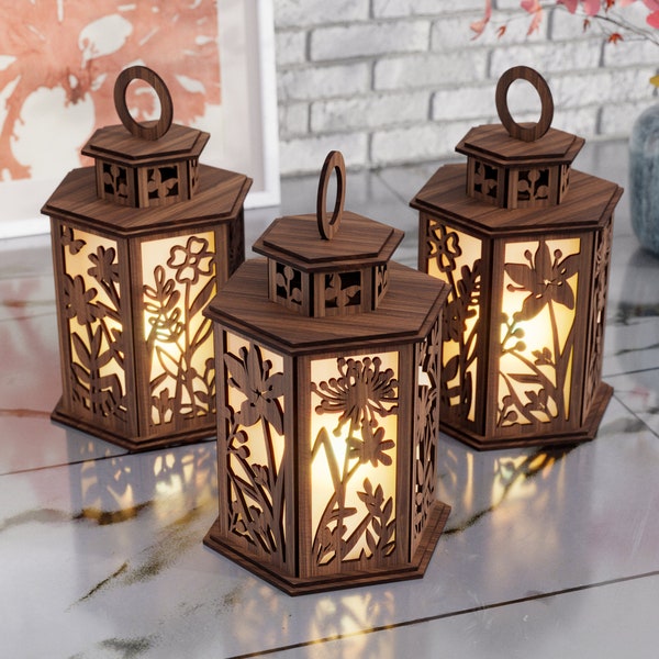 Laser cut flowers lamp light night svg template Glowforge wooden summer flowers lantern svg Flowers candle holder Table lamp dxf template