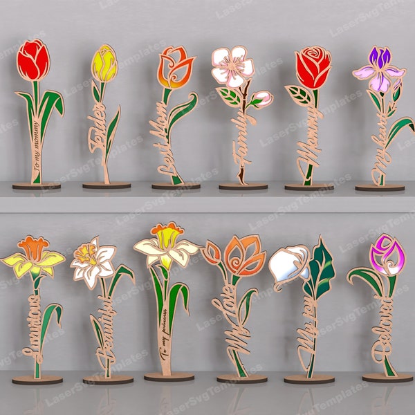 Wooden name stand flowers 12 bundle laser cut svg file Glowforge decorative custom wildflowers dxf vector Personalized flowers laser cut cnc