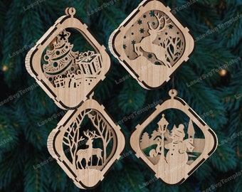 Diamond Christmas Ornament Laser Cut SVG Layered Snowman Reindeer