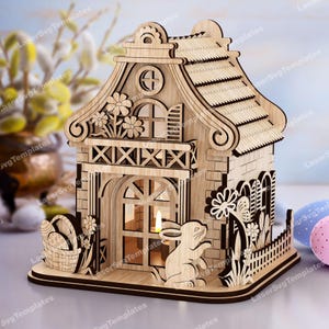 Osterhase Haus Kerzenhalter Laser cut svg Datei Glowforge Osterhasenminiaturen svg Ostern Tischdekoration dxf cnc Vektormuster