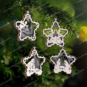 Krippe Stern Baum Kugeln Ornamente Laser geschnitten svg Datei Glowforge Krippenkugel Ornamente Baumschmuck svg vektor Krippenkugeln dxf