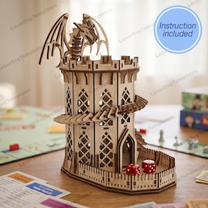 May include: A wooden dragon-themed dice tower with a castle design. The tower has a dragon figure on top and a dice tray at the base. Two red dice are visible. The text "Instruction included" is in a blue circle.