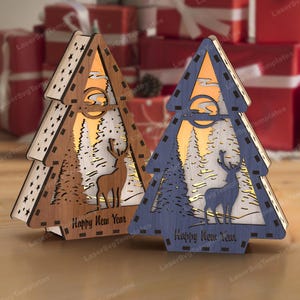 Archivo svg de lámpara de mesa de árbol de ciervo navideño cortado con láser Lámpara de mesa de noche navideña Glowforge svg Plantilla de vector cnc dxf de linterna navideña