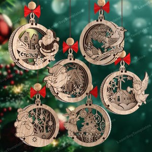 Personaggi natalizi flessibili 6 ornamenti tagliati al laser file svg Glowforge Palline di Natale ornamenti decorazioni per alberi svg Natale tagliato al laser