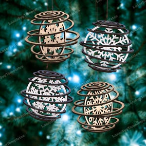 Spirale de Noël flocons de neige arbre boule ornements découpé au laser fichier svg Glowforge Boule de Noël ornements d'arbre svg Noël ornements dxf