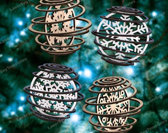 Spiral Christmas snowflakes tree ball ornaments laser cut svg file Glowforge Christmas bauble tree ornaments svg Christmas ornaments dxf