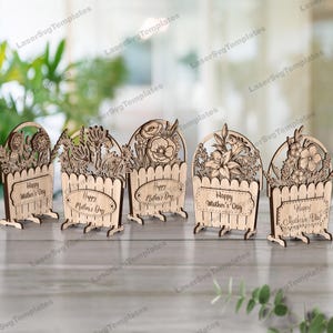 Maceta de pie, paquete de 5, archivo SVG cortado con láser, ramo de flores Glowforge para el Día de la Madre, DXF, flores cortadas con láser para el Día de la Madre, flores para mamá cortadas con láser