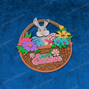 Lapin de Pâques multicouche décoration murale découpé au laser fichier svg Glowforge 3D multicouche mandala de Pâques en bois art mural dxf coupe plan modèle cnc