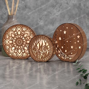 Ronde flex nachtlampje lamp 3 bundel lasergesneden svg-bestand Glowforge bloemen ronde tafellamp svg houten mandala lantaarn dxf nachtlampje laser