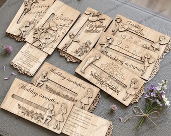 6 invitaciones de boda en formato SVG, tarjetas de pareja de madera cortadas con láser.