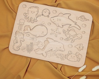 Educational kids sea creatures puzzle laser cut files svg Glowforge kids montessori puzzle dxf cut plan cnc vector laser Instant Download