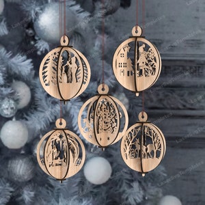 Lot de 5 boules de Noël 3D découpées au laser fichier svg Glowforge, boules de Noël, décoration d'arbre svg, décorations de Noël dxf cnc