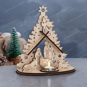 Portacandele per presepe tagliato al laser file svg Glowforge Miniature per presepe svg Lampada da tavolo per presepe modello cnc dxf Laser natalizio