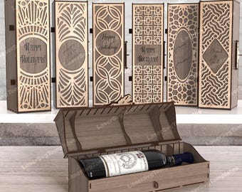 6 Wine Gift Box Laser Cut SVG Hinged Bottle Case Holder Carrier