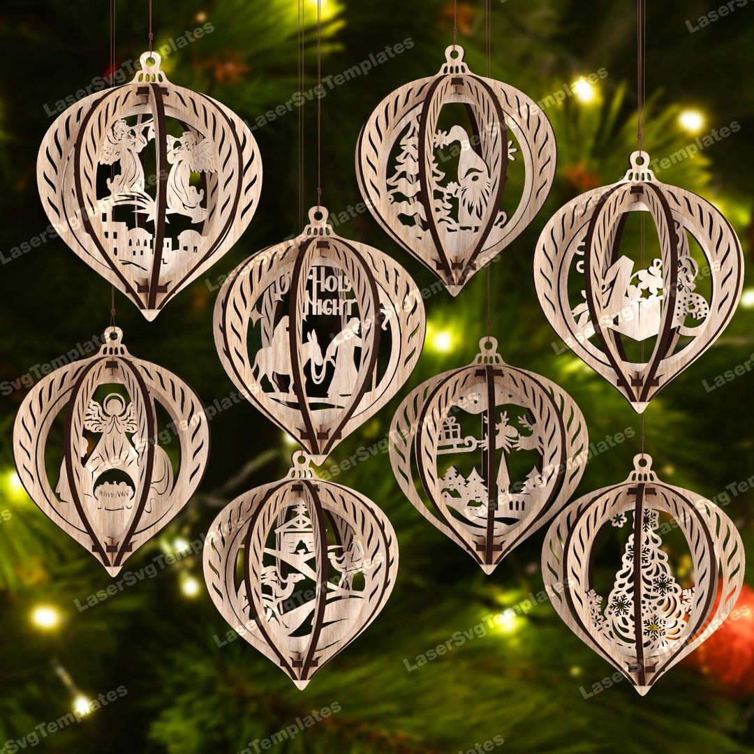 8 Christmas Ornament SVG Laser Cut 3D Bauble Nativity Angel Tree Decor ...