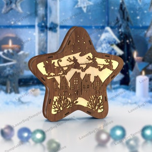 Lampada da tavolo a forma di stella con renna di Babbo Natale e file in formato svg tagliato al laser Glowforge Lampada da tavolo natalizia con pacchetto svg Lanterna di Natale modello dxf