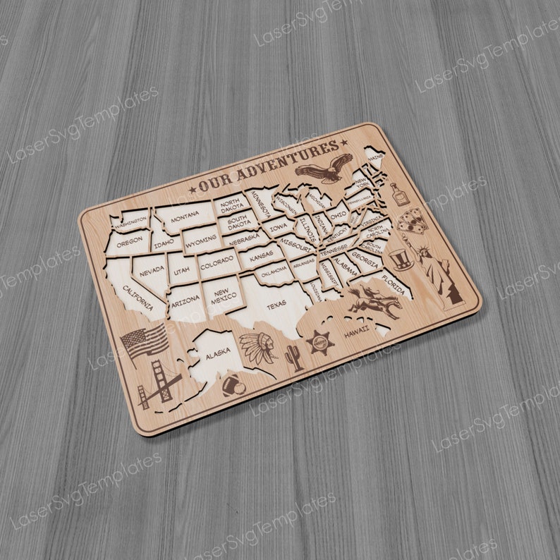 May include: A wooden map of the United States with each state outlined. The map is labeled with the name of each state and has a star at the top that says "Our Adventures".