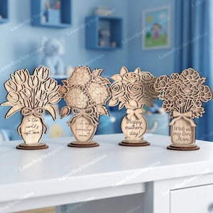 4 jarrones para el Día de la Madre, flores, archivo SVG cortado con láser Glowforge, maceta para flores del Día de la Madre, plantilla DXF, jarrón de flores personalizado, archivo láser