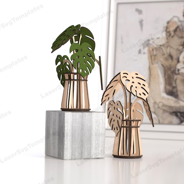 Monstera flowers vase table decor laser cut svg file Glowforge wooden 3D monstera flowers pot dxf cut plan Monstera bouquet vase svg