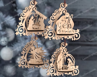 4 Nativity Ornaments Laser Cut SVG Christmas Tree 3D Bauble