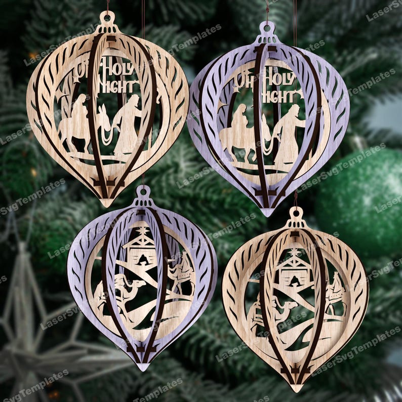 8 Christmas Ornament SVG Laser Cut 3D Bauble Nativity Angel Tree Decor ...