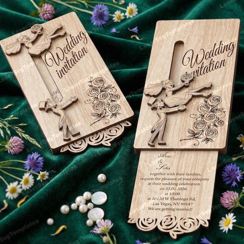6 Wedding Invitation SVG Laser Cut Wooden Couple Card image 8