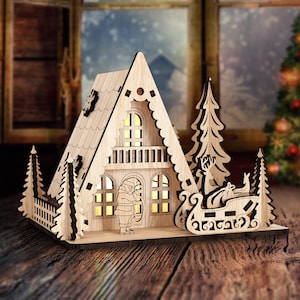 Casa de Natal, cena de trenó do Papai Noel, arquivo svg cortado a laser, miniaturas de Natal Glowforge svg, decoração de mesa de Natal dxf, padrão vetorial cnc