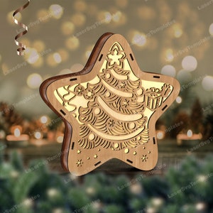 Lasergesneden kerstboom ster tafellamp svg-bestand Glowforge kerstnacht tafellamp bundel svg kerstlantaarn dxf-sjabloon