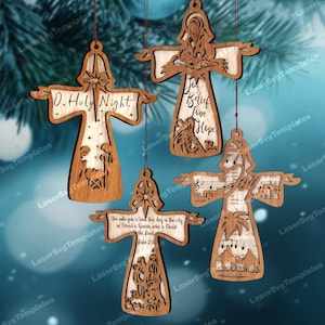 Laser cut Nativity cross ornaments 4 bundle svg file Glowforge Christmas bauble ornaments tree decor svg template Nativity ornaments laser
