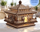 Japanese Pagoda Candle Holder SVG Laser Cut File Glowforge Japanese Pagoda House Tealight Holder Lamp SVG Template Pagoda Lamp Laser File