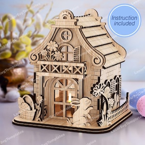 Osterhase Haus Kerzenhalter Laser cut svg Datei Glowforge Osterhasenminiaturen svg Ostern Tischdekoration dxf cnc Vektormuster