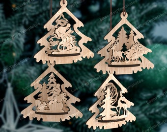 4 Christmas Tree Ornaments SVG Laser Cut 3D Deer Forest Bauble