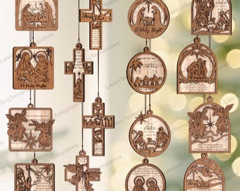 Nativity tree balls ornaments 16 bundle laser cut svg file Glowforge Nativity bauble tree ornaments svg Christmas balls dxf cnc vector