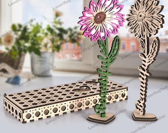 Soporte de flores cortado con láser con caja archivo de corte svg Soporte de flores personalizado Glowforge dxf vector Flores personalizadas cortadas con láser cnc