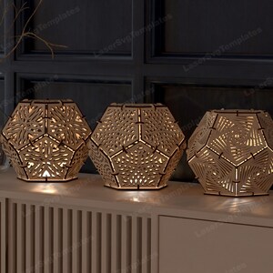 Wycinana laserowo drewniana lampa stołowa dwunastościan svg pakiet Glowforge dekoracyjna lampa nocna dwunastościan svg szablon Nowoczesna latarnia dxf cnc wektor
