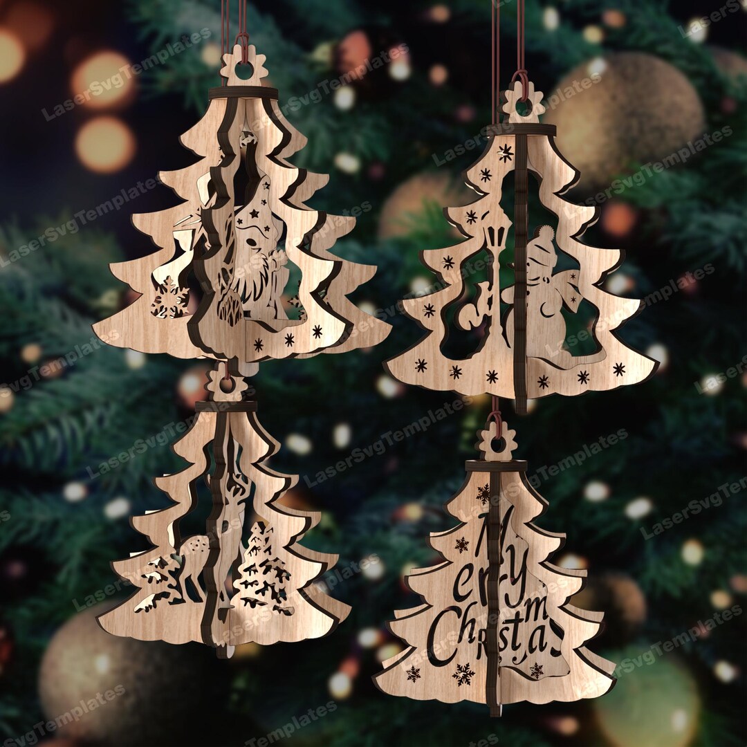 4 Merry Christmas Ornament SVG Laser Cut 3D Santa Tree Bauble - Etsy