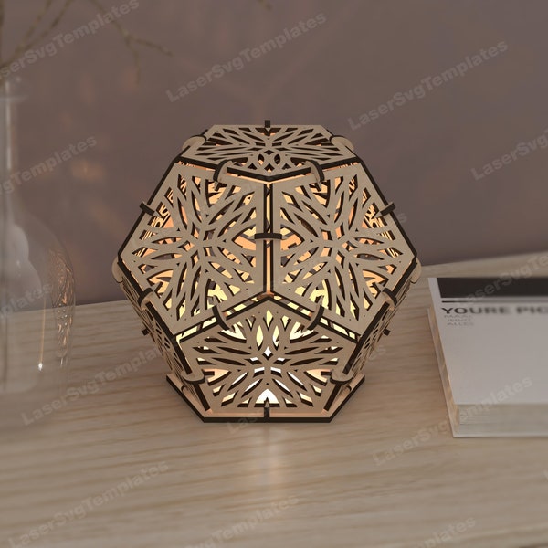 Wooden dodecahedron table night lamp laser cut svg file Glowforge decorative dodecahedron night lamp svg template Modern lantern dxf vector