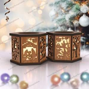 木製のキリスト降誕シーンのキャンドルホルダー SVG レーザーカット ファイル Glowforge クリスマス テーブル ランプ SVG クリスマス ランタン ベクトル DXF CNC パターン