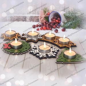 Kerstkandelaar bundel lasergesneden svg-bestand Glowforge kerstkaarshouder svg gesneden bestand kerst theelichthouder dxf cnc laserplan