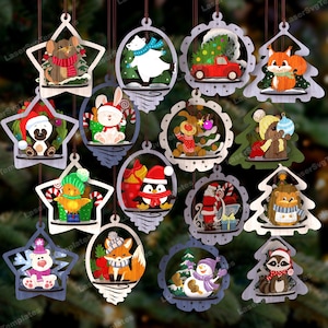 Boule de Noël 3D animaux, lot de 16 fichiers svg découpés au laser, arbre de Noël Glowforge, boule de Noël svg, vecteur dxf de décorations de Noël